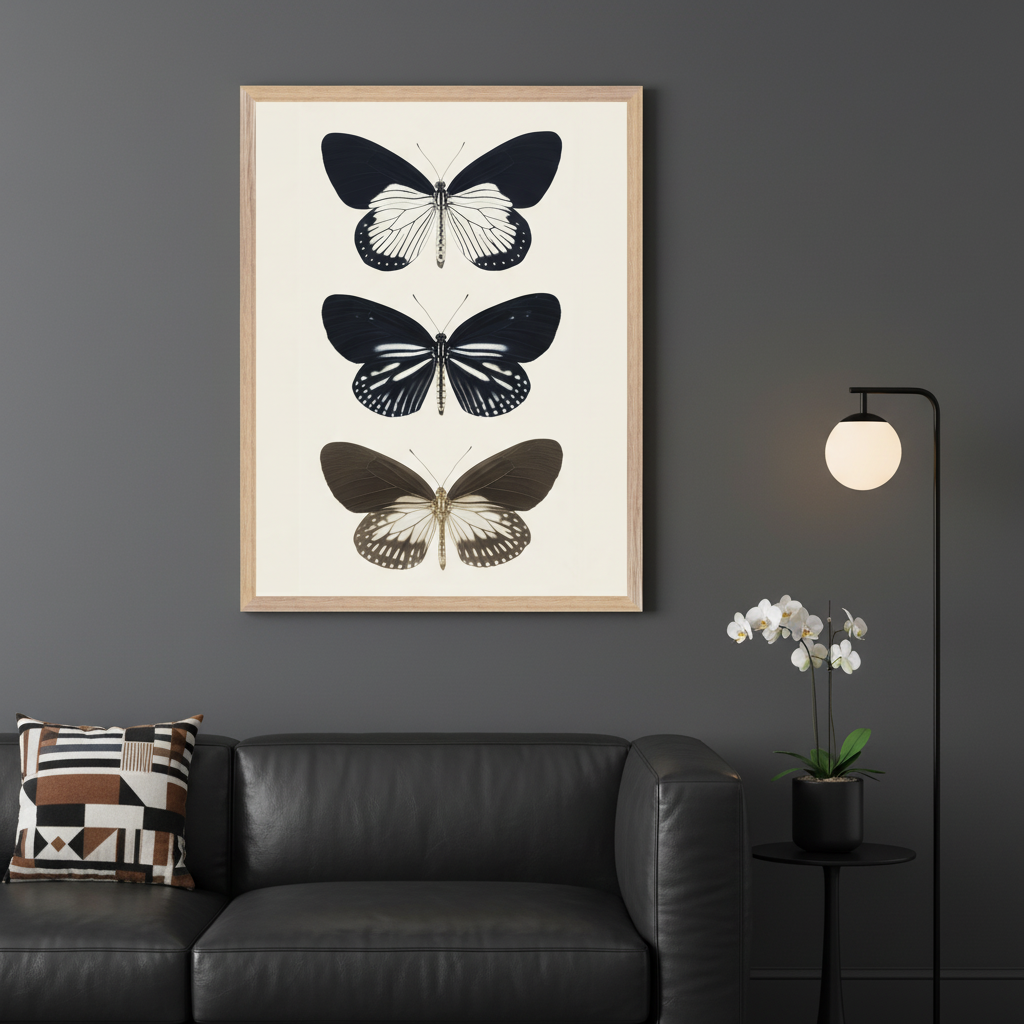 Modern living room with a black leather sofa. A light wood framed print of three realistic butterfly illustrations (two black and white, one brown and white) hangs above the sofa on a dark gray wall. A black floor lamp is on the right.