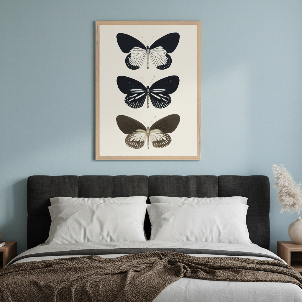 Modern bedroom with a bed featuring a dark gray headboard. A large vertical framed print of three different butterflies in black, white, and brown patterns hangs centered above the bed on a light blue wall.