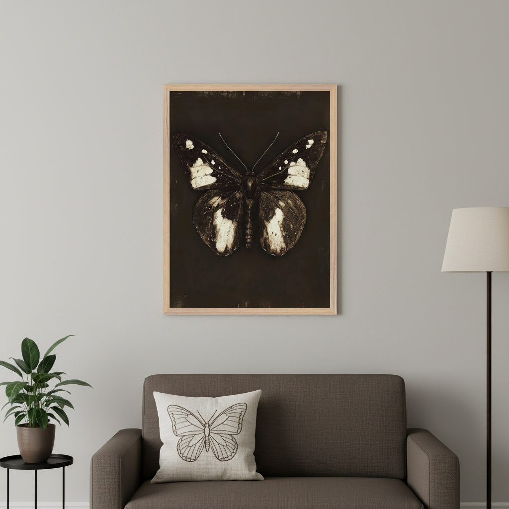 Modern living room with a brown sofa against a gray wall. A large framed, sepia-toned butterfly print with white markings hangs above the sofa. A throw pillow with a butterfly outline is on the sofa. A floor lamp stands to the right, and a potted plant on a side table to the left.