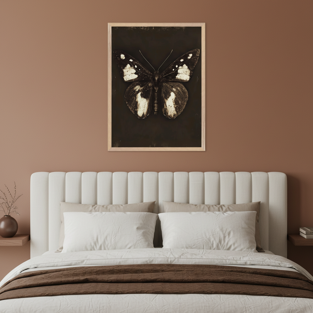 Modern bedroom with a white upholstered bed. Above the bed, slightly right of center, hangs a framed, vintage-style print of a dark butterfly with prominent white markings on a dark background.