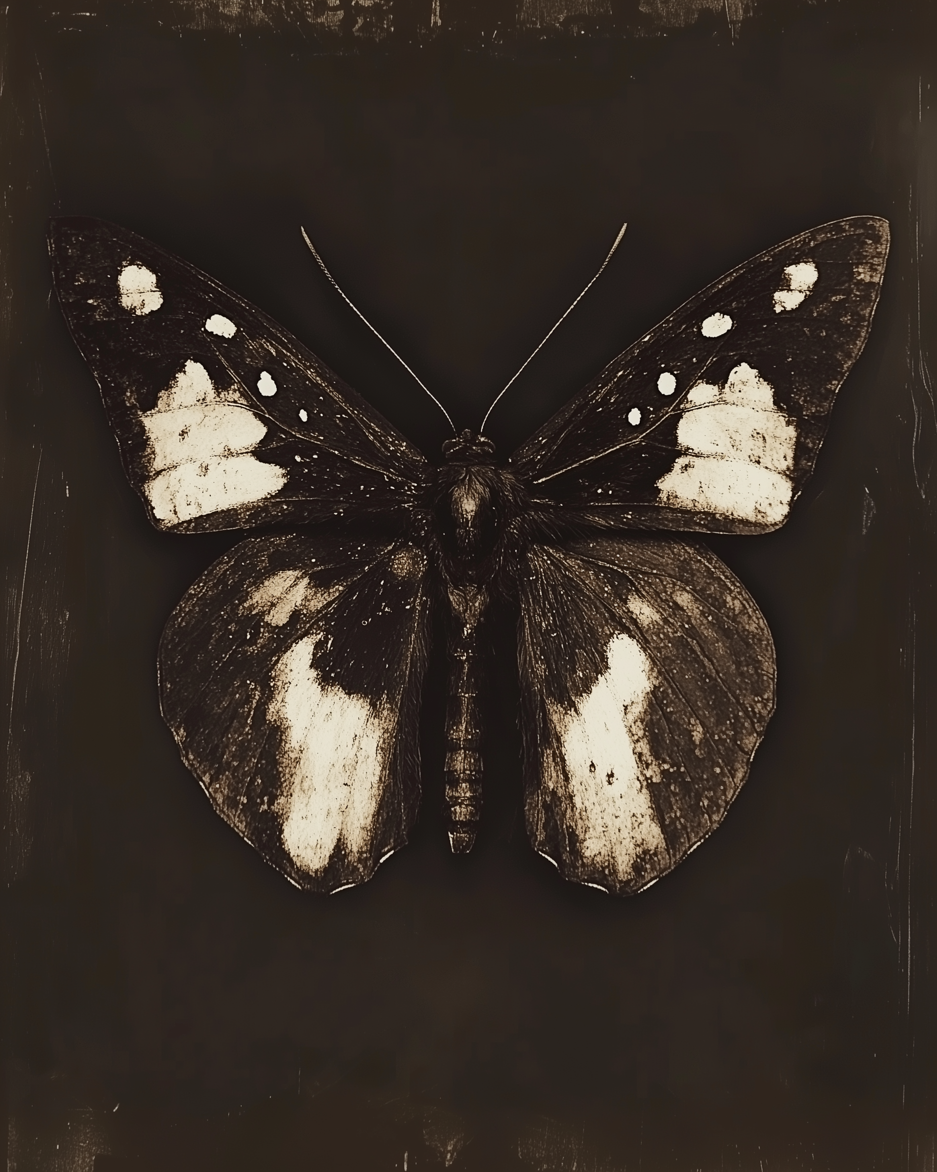 A sepia-toned image of a butterfly with worn wings, featuring faint white splotches and dots on a dark textured background, evoking an antique or weathered aesthetic.
