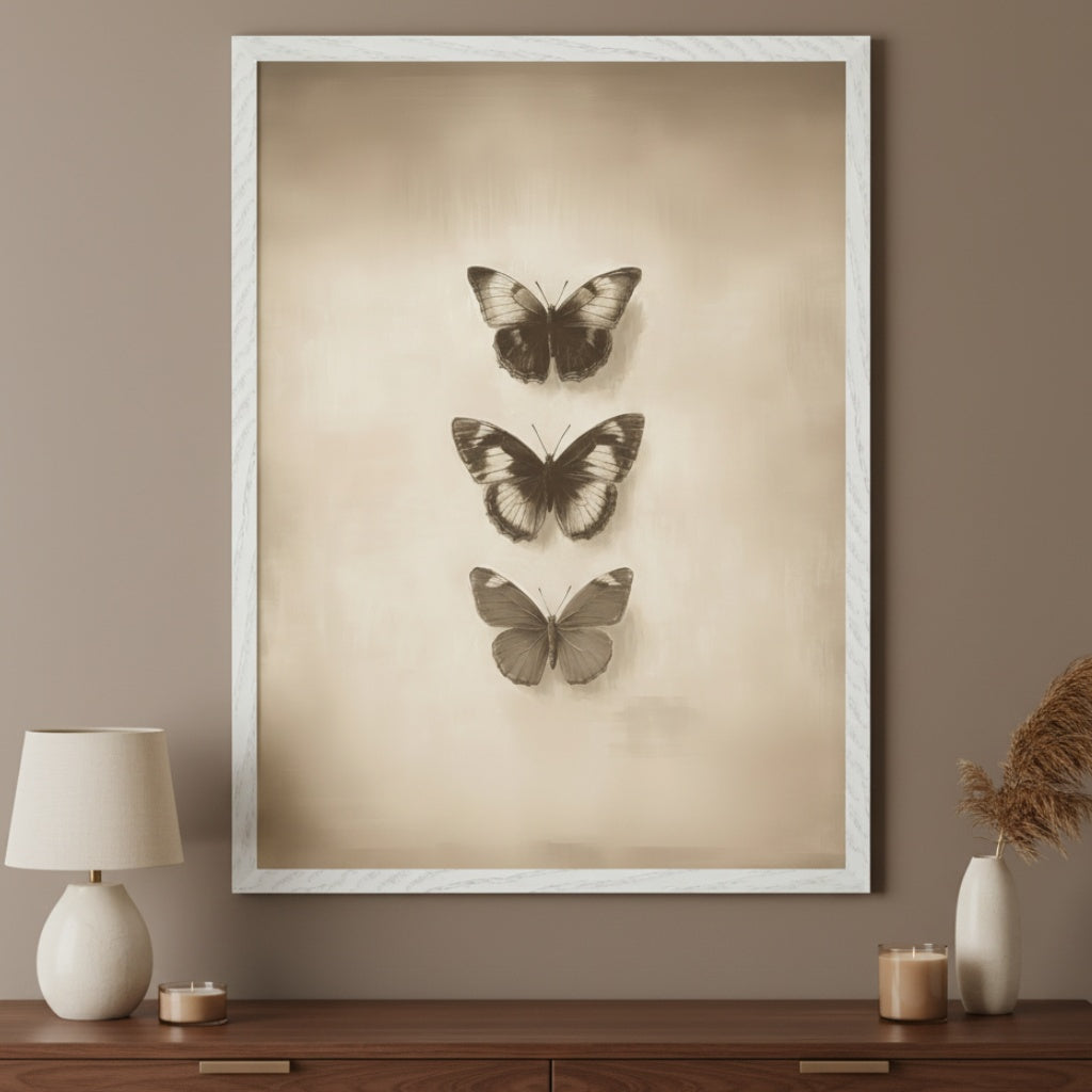 Modern living room with a dark wood dresser. A large white-framed print of three sepia-toned butterflies, stacked vertically, hangs centered above the dresser. A lamp and candles are on the dresser.