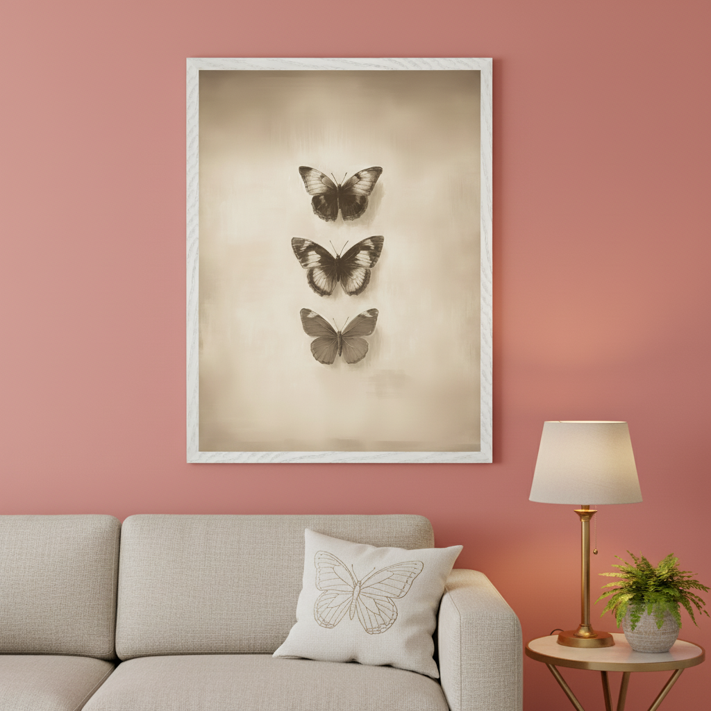 Living room with a salmon-pink wall. A large white-framed print of three sepia-toned painted butterflies hangs centrally above a light beige sofa. A side table with a lamp and a plant is to the right of the sofa.
