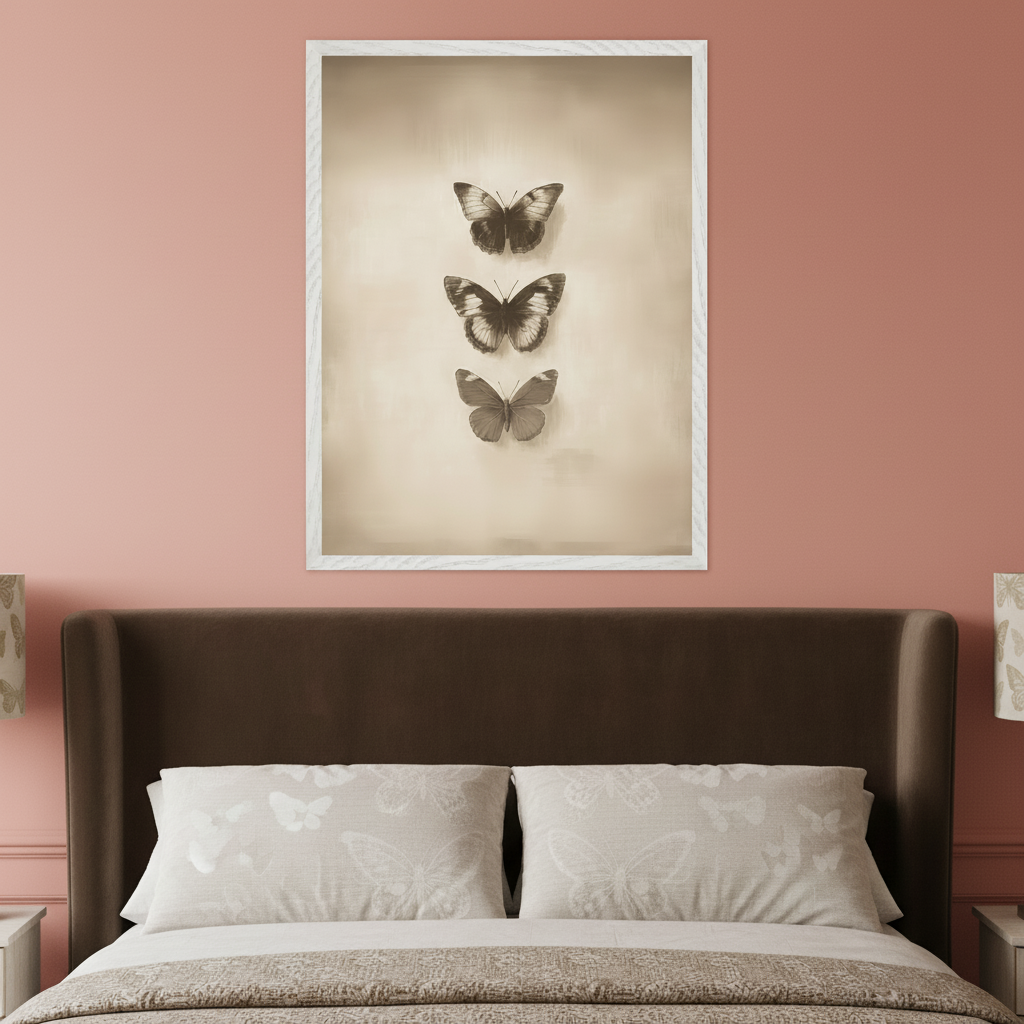 Bedroom with a brown upholstered headboard. A large vertical framed sepia-toned print of three butterflies hangs centered above the bed. Light-colored pillows with subtle butterfly patterns are on the bed.