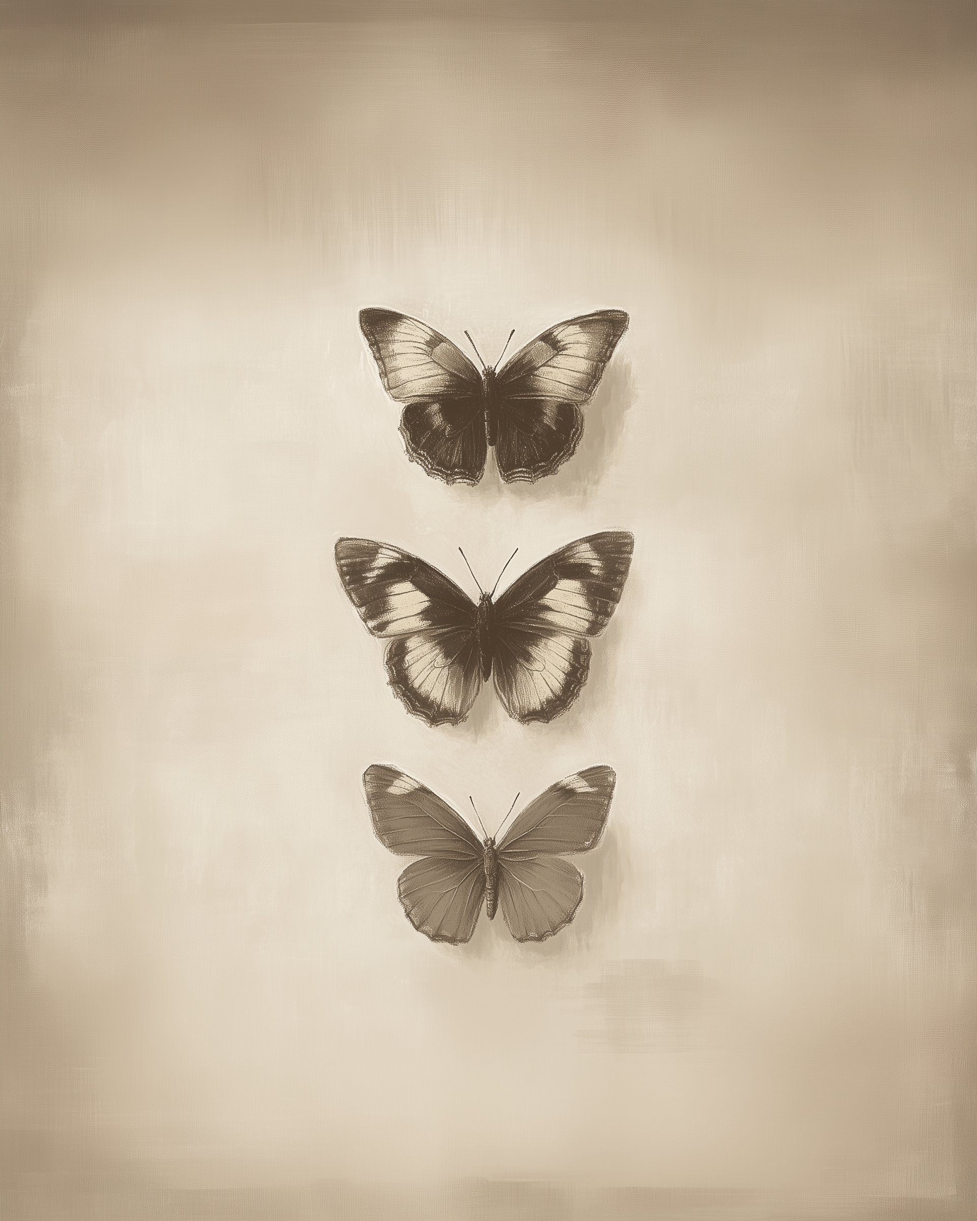 A softly painted illustration of three butterflies arranged vertically on a warm beige background, each with gradually fading black and white wing patterns suggesting a transition or metamorphosis.
