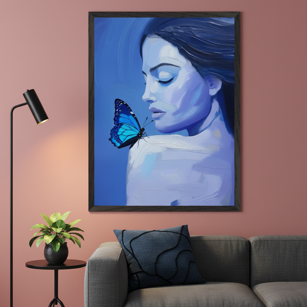 Modern living room with a rose wall. A gray sofa, black side table, and floor lamp. Above the sofa, a large framed painterly blue-toned portrait of a woman with a blue butterfly on her shoulder.