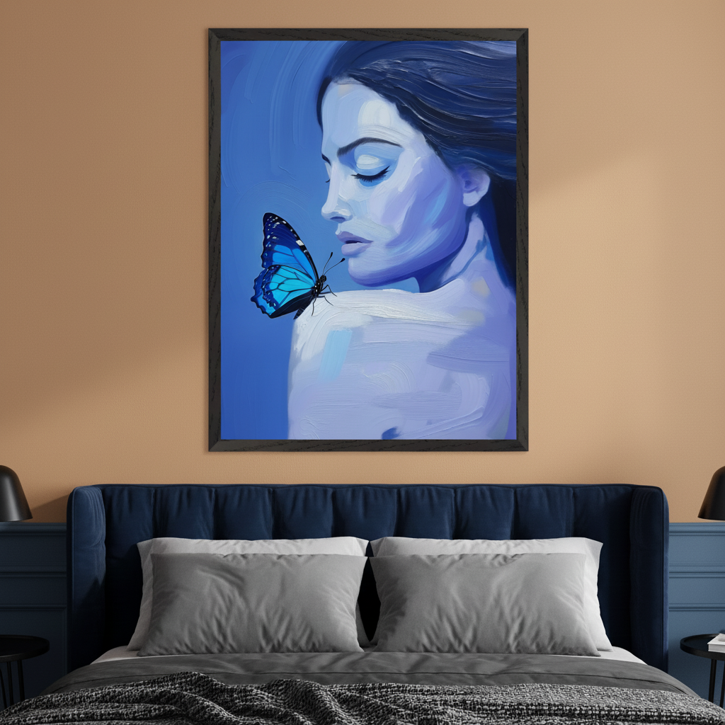 Modern bedroom with a blue upholstered bed and gray pillows. A large framed painting of a woman in profile with a blue butterfly on her shoulder, rendered in blue tones with visible brushstrokes, hangs centrally above the bed.