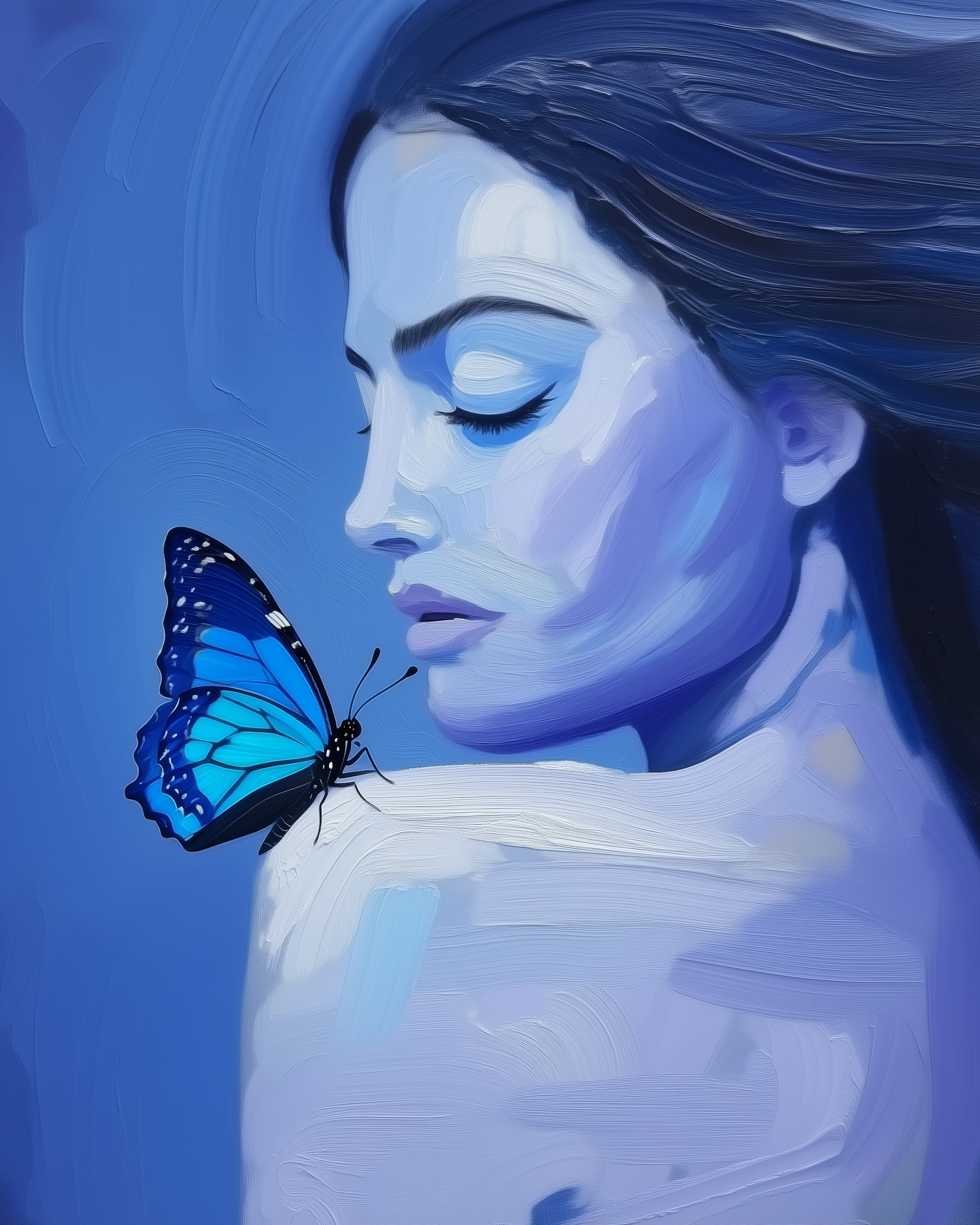 A stylized painting of a serene woman with closed eyes in cool blue tones, with a vivid blue butterfly gently resting on her bare shoulder.
