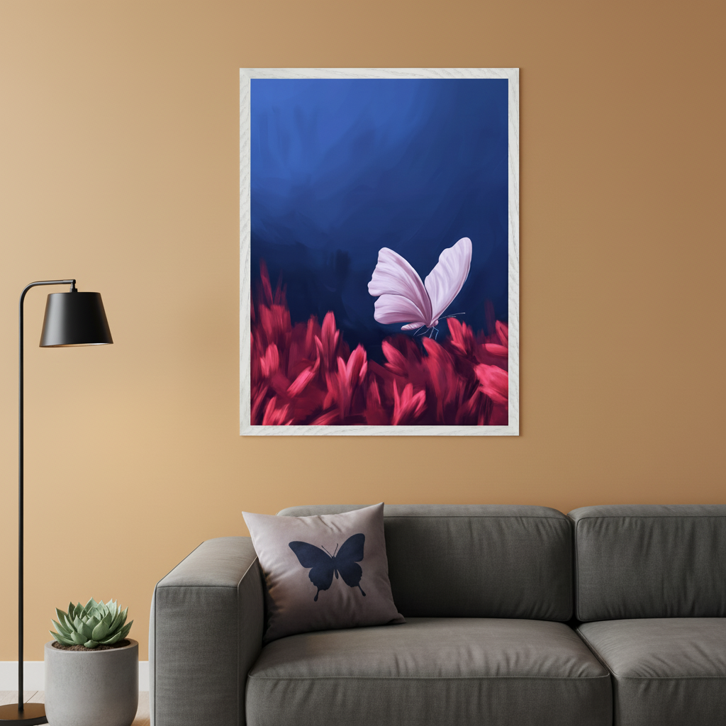 Modern living room with a dark gray sofa. A black floor lamp stands left. A framed painting of a pink butterfly with open wings over red foliage on a dark blue background hangs above the sofa. A gray cushion with a black butterfly is on the sofa.