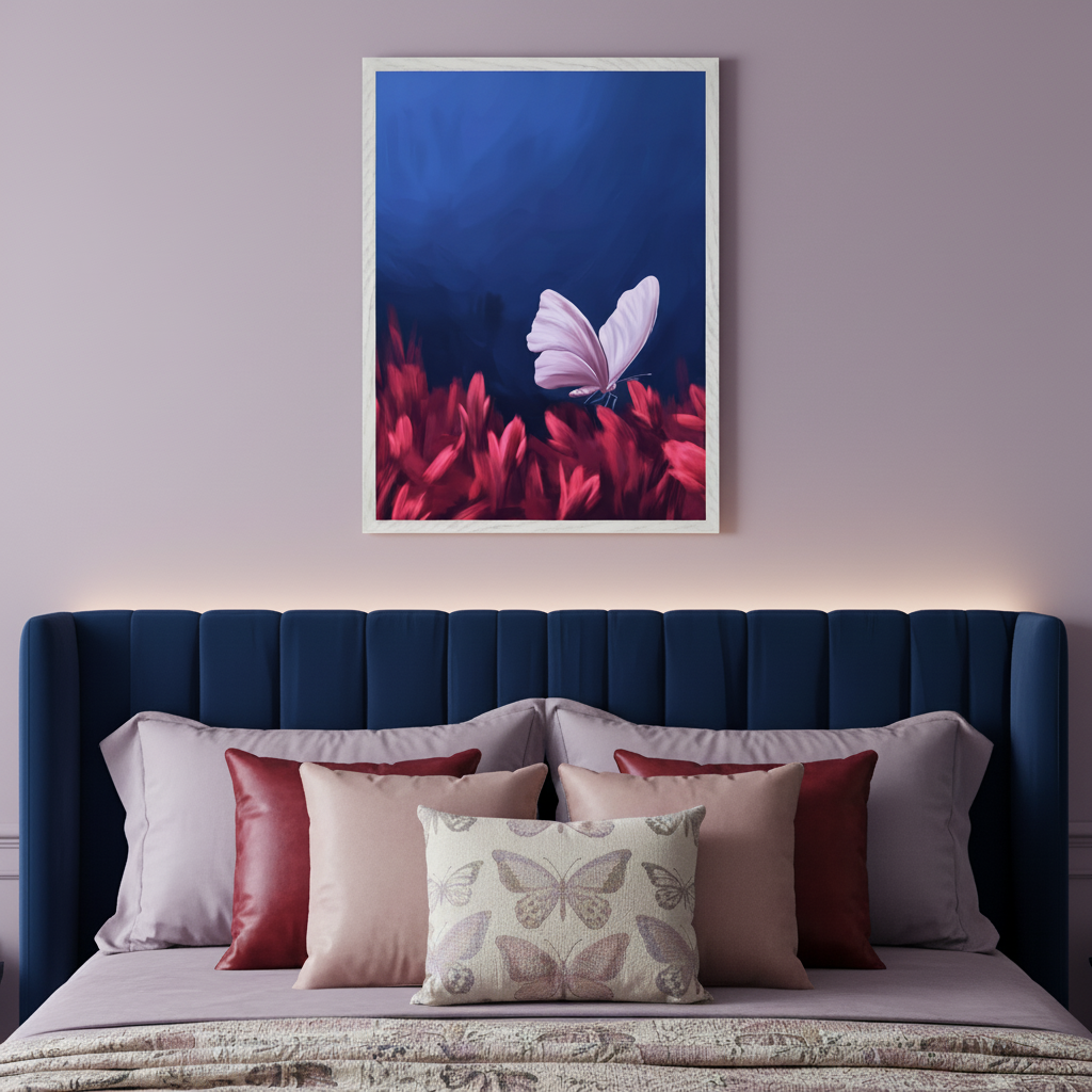 Bedroom with a dark blue upholstered bed. A framed painting of a light pink butterfly on red foliage against a dark blue background hangs centered above the bed.