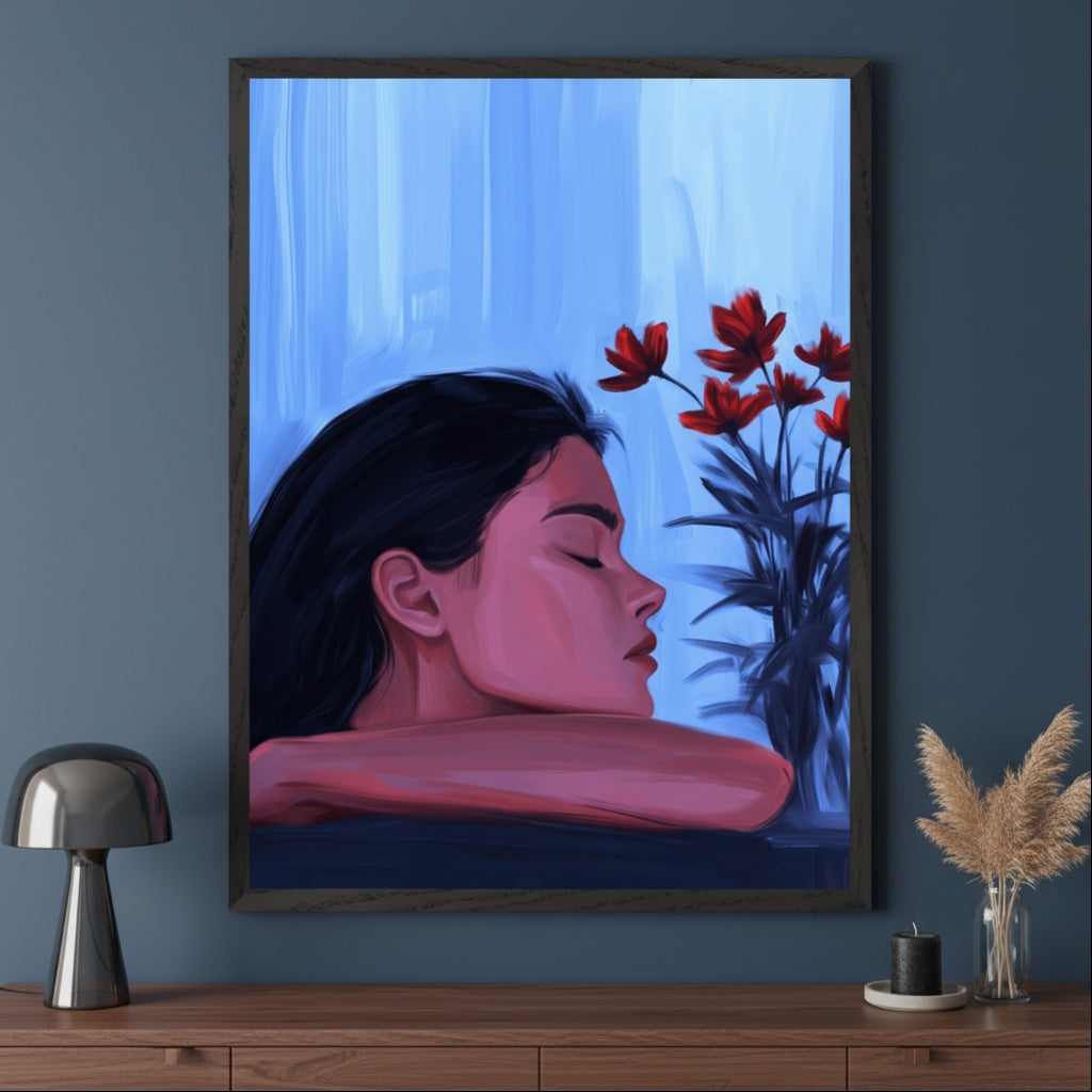 Modern room with a blue wall and wood console table. A large framed painting of a woman with closed eyes, resting her head, next to red flowers against a blue background, hangs above the table. A silver lamp, black candle, and dried pampas grass in a vase are on the table.