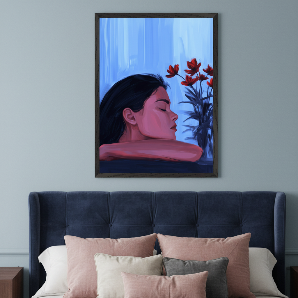 Modern bedroom with a dark blue tufted headboard. A framed painting hangs centered above the bed, depicting a woman in profile with closed eyes, resting on her arms, next to a vase of red flowers against a blue, painterly background.