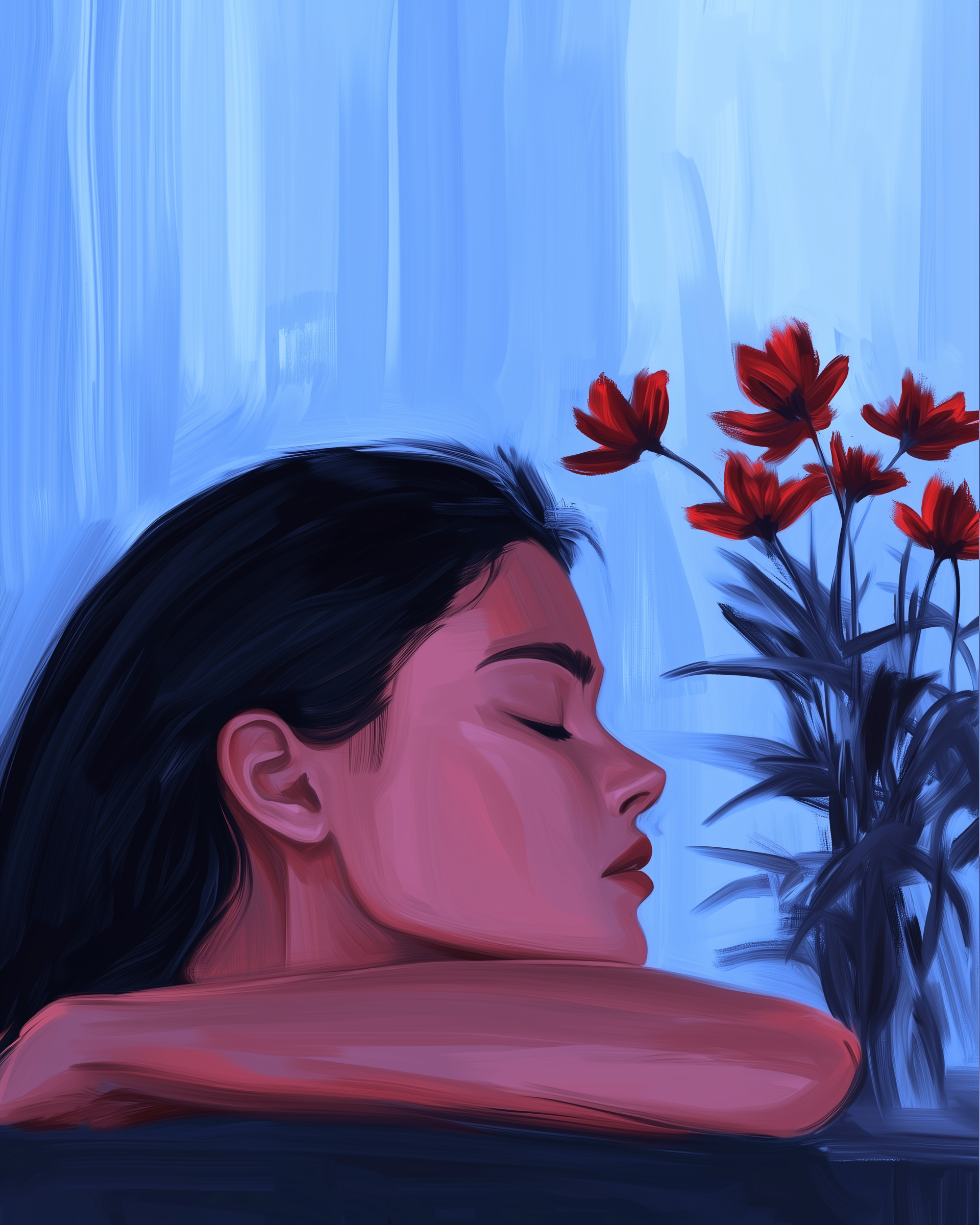 A dreamy, painterly portrait of a woman resting her head on folded arms, eyes closed, with vivid red flowers growing beside her against a calm blue background.
