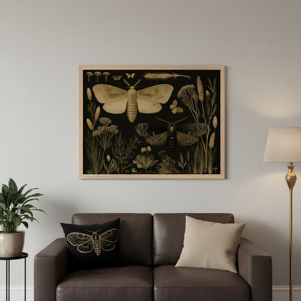 Living room with a dark brown leather sofa. A large framed botanical illustration featuring golden moths and plants on a black background hangs centered above the sofa. A black pillow with a gold moth design is on the sofa.