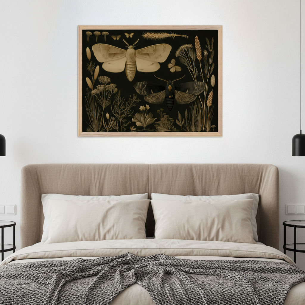 Modern bedroom with a beige upholstered bed. A framed botanical illustration of a large beige moth, a smaller black moth, various plants, and fungi on a black background hangs above the bed.