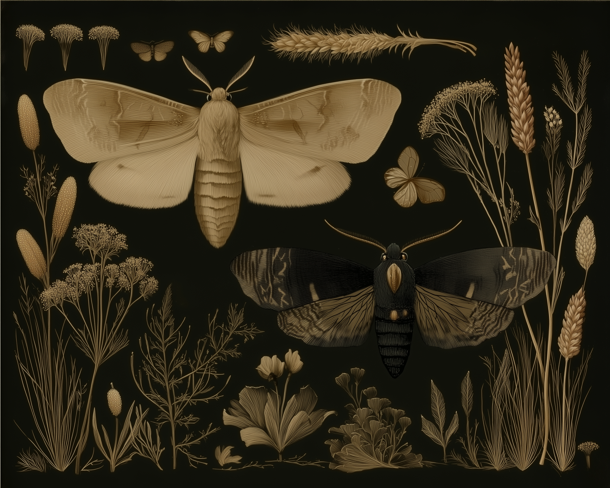A detailed botanical illustration of two large moths, one cream-colored and one dark brown, surrounded by various sepia-toned wild plants and grasses.
