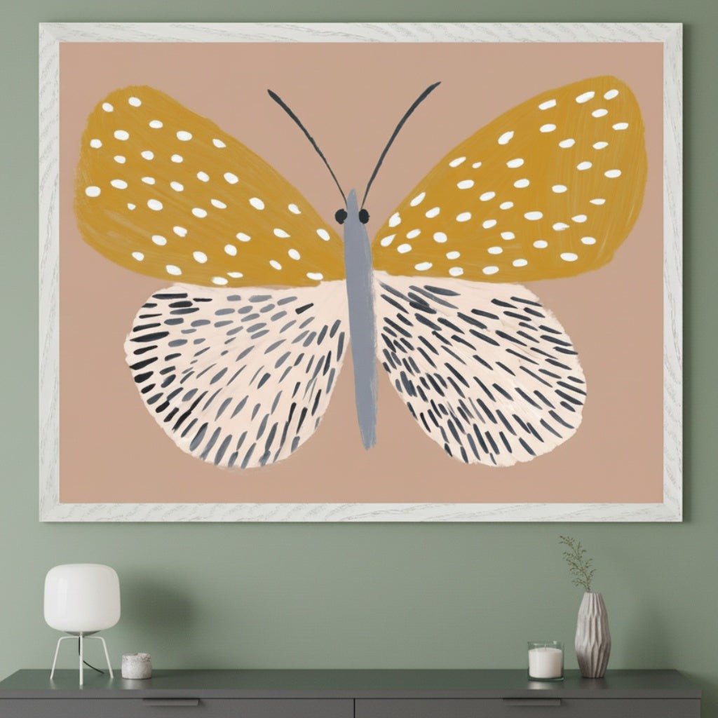 A large framed painting hangs centered above a dark gray dresser in a modern room. The artwork depicts an abstract butterfly with mustard yellow upper wings with white dots and beige lower wings with black brushstrokes.