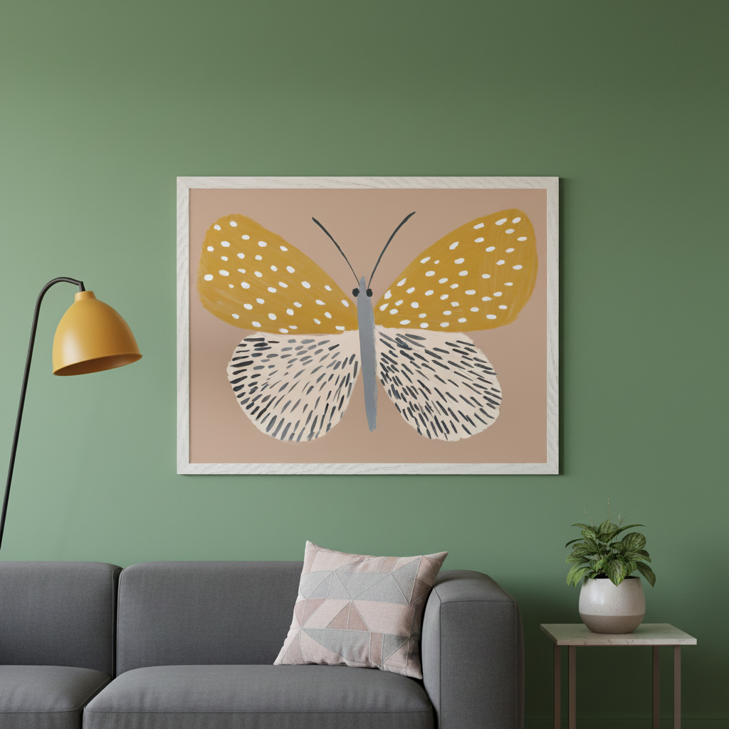 Modern living room with a gray sofa against a green wall. A large framed illustration of a yellow and white butterfly with polka dots hangs above the sofa. A yellow floor lamp is on the left, and a plant on a side table is on the right.
