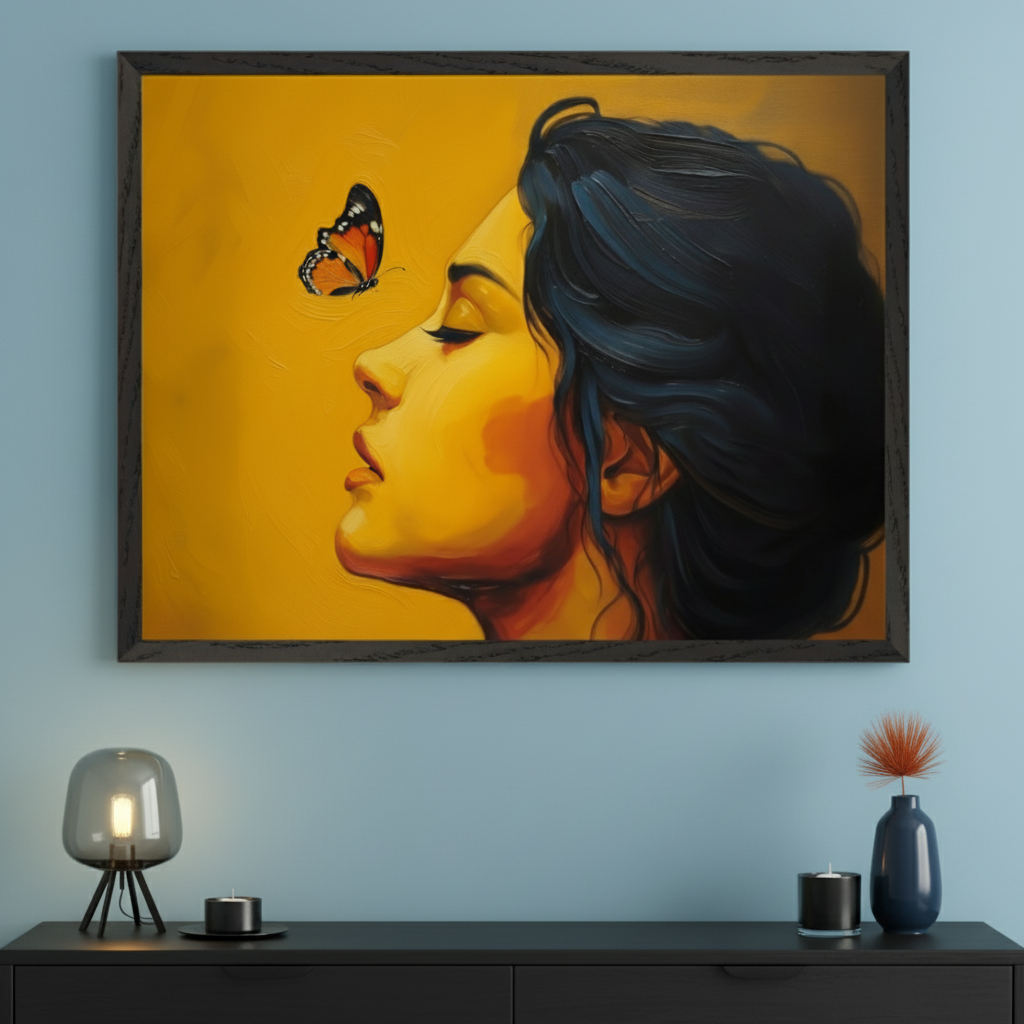 Modern room with a dark low cabinet against a blue wall. A large framed expressive painting of a woman's profile with a butterfly on a yellow background hangs centered above the cabinet. A glass lamp, two dark candles, and a vase with dry reeds are on the cabinet.