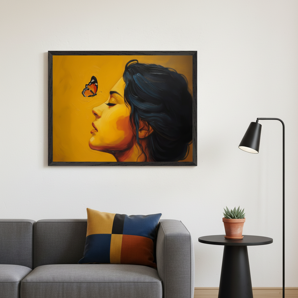 Modern living room with a grey sofa. A framed painting of a woman's profile with dark hair, an orange butterfly on her nose, and a yellow background hangs above the sofa. A black floor lamp and side table are to the right.