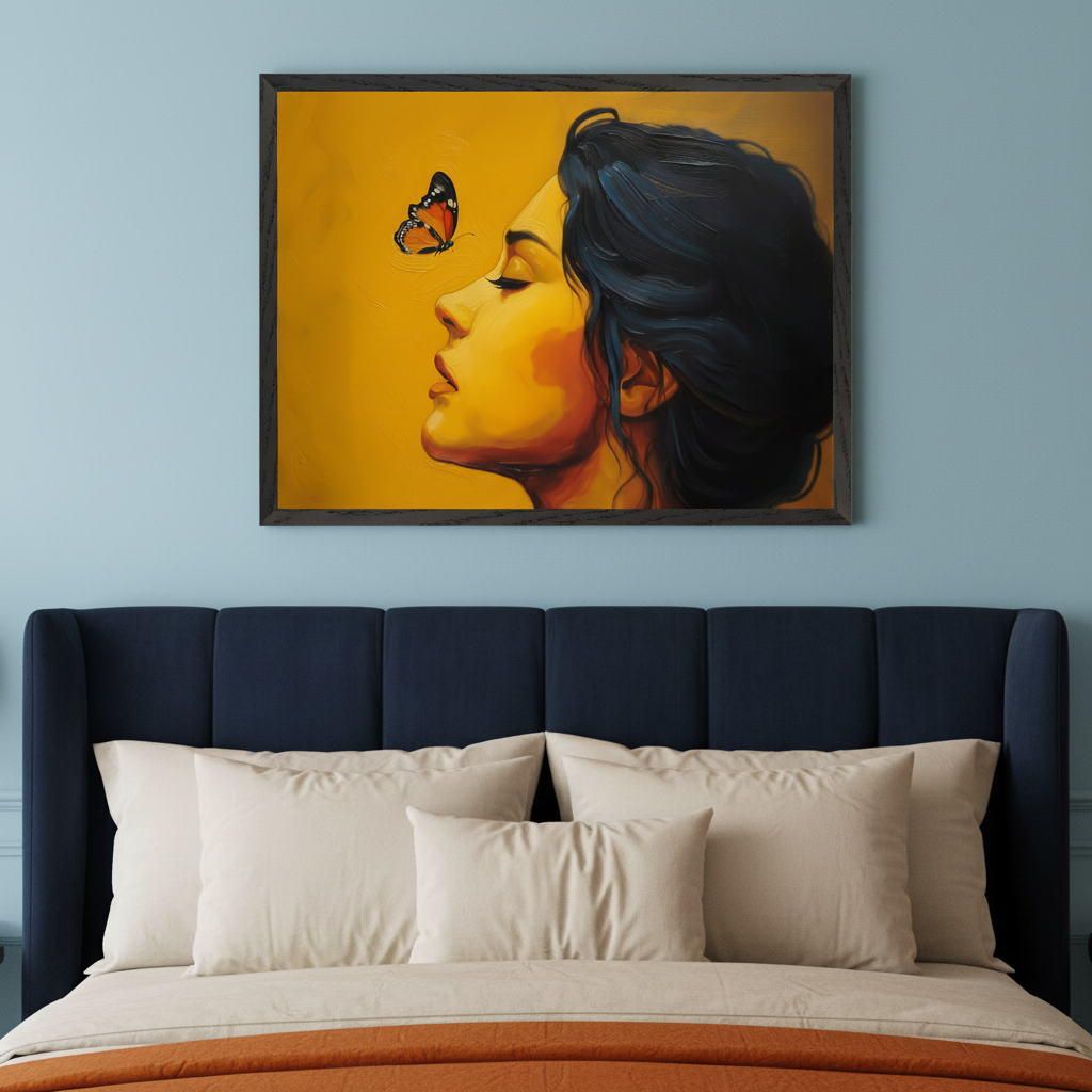 Bedroom with a navy blue upholstered bed. A framed painting of a woman's profile with dark hair and an orange butterfly on her nose, set against a yellow background, hangs centered above the bed.