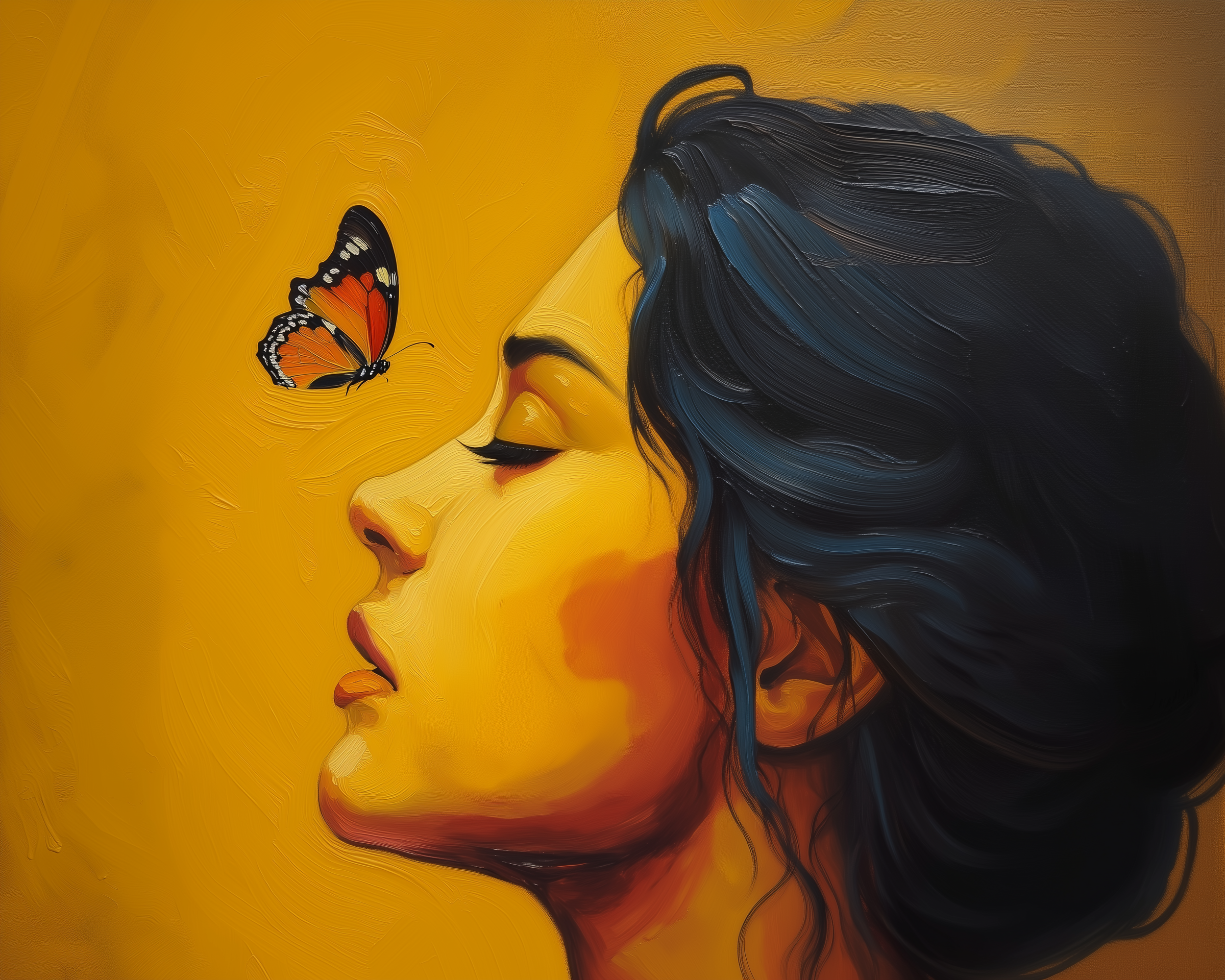 A vibrant painting of a woman in profile with closed eyes and flowing dark hair, facing a small orange and black butterfly against a warm yellow background.
