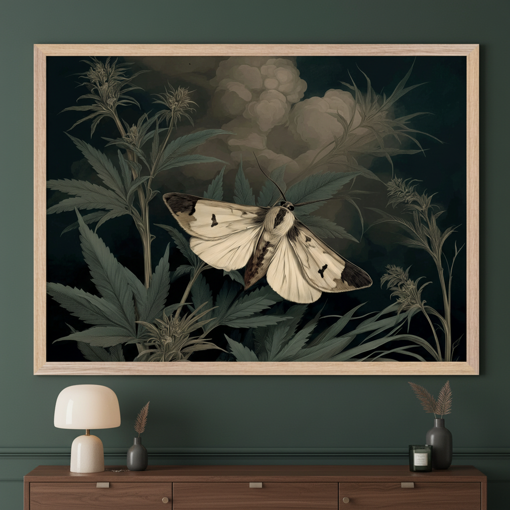 Modern living room with dark green walls and a wooden dresser. A large framed dark botanical illustration of a white moth on dark green cannabis plants hangs centered above the dresser. A lamp, vase, and candle are on the dresser.