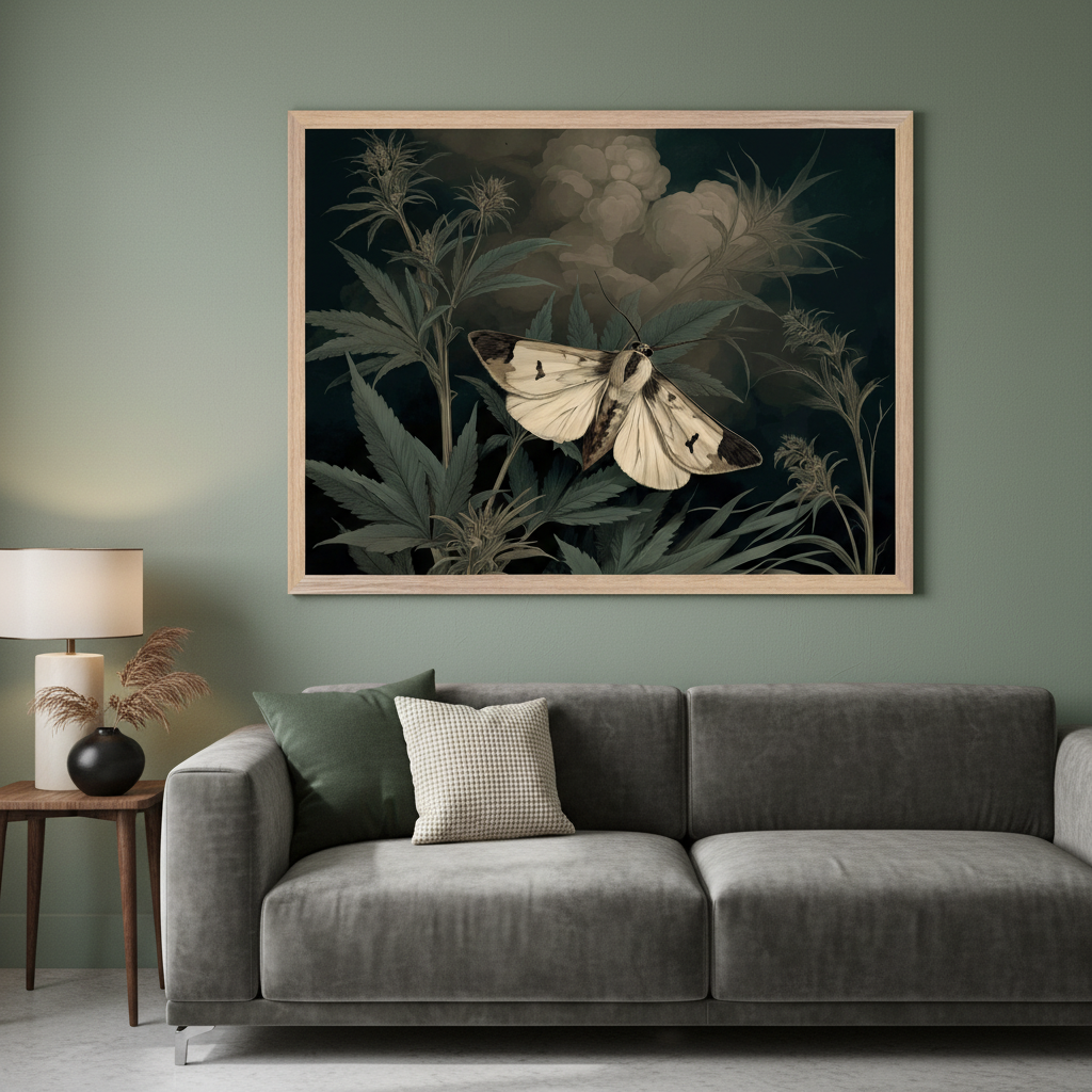 Modern living room with a gray sofa. A large framed print featuring a white moth on dark cannabis leaves in a realistic style hangs above the sofa.