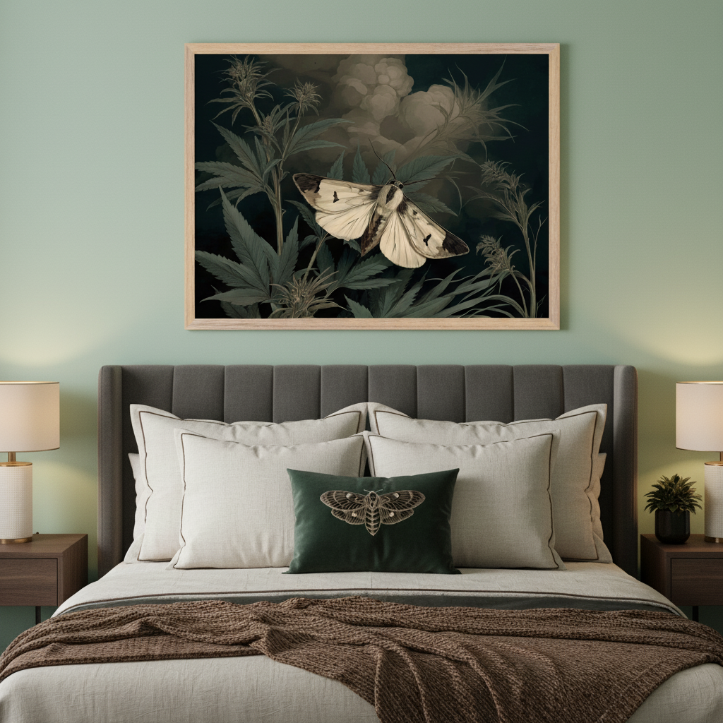Modern bedroom with light green walls, a gray upholstered bed, and two wooden nightstands. A large framed painting of a white moth on cannabis plants with a dark background hangs centered above the bed.