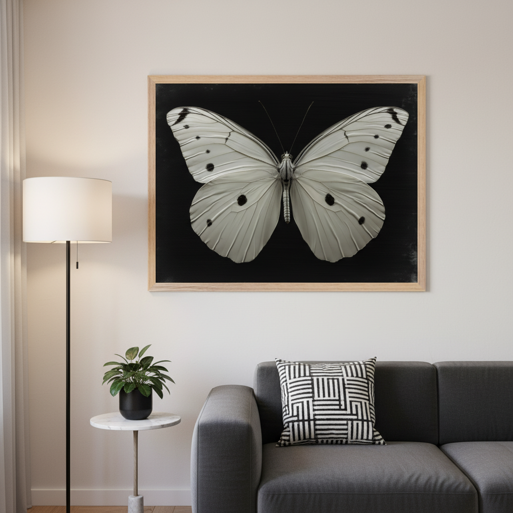Modern living room with a dark gray sectional sofa. A large framed print of a white butterfly with black spots on a black background hangs above the sofa. A floor lamp and a side table with a plant are to the left.