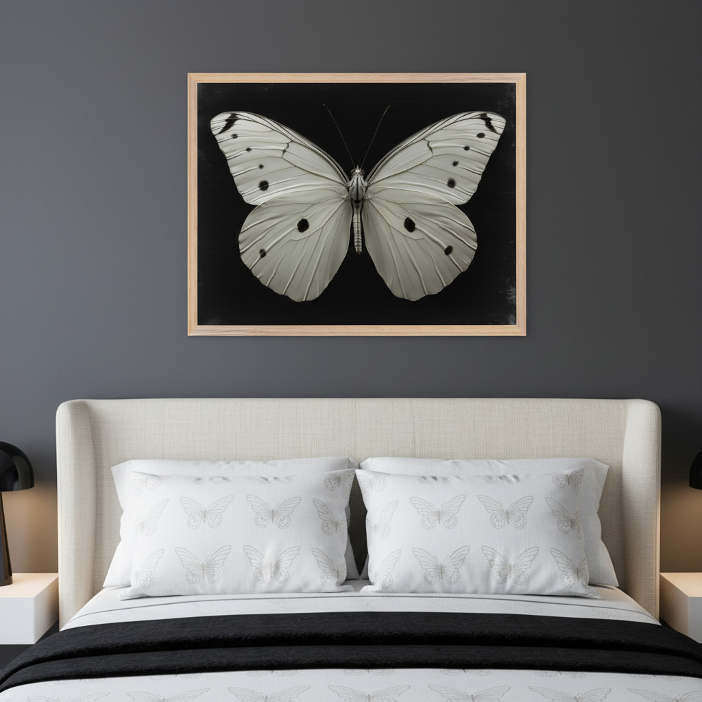 Modern bedroom with an upholstered bed and two patterned pillows. A large framed print of a white butterfly with black spots on a black background hangs centered above the bed.