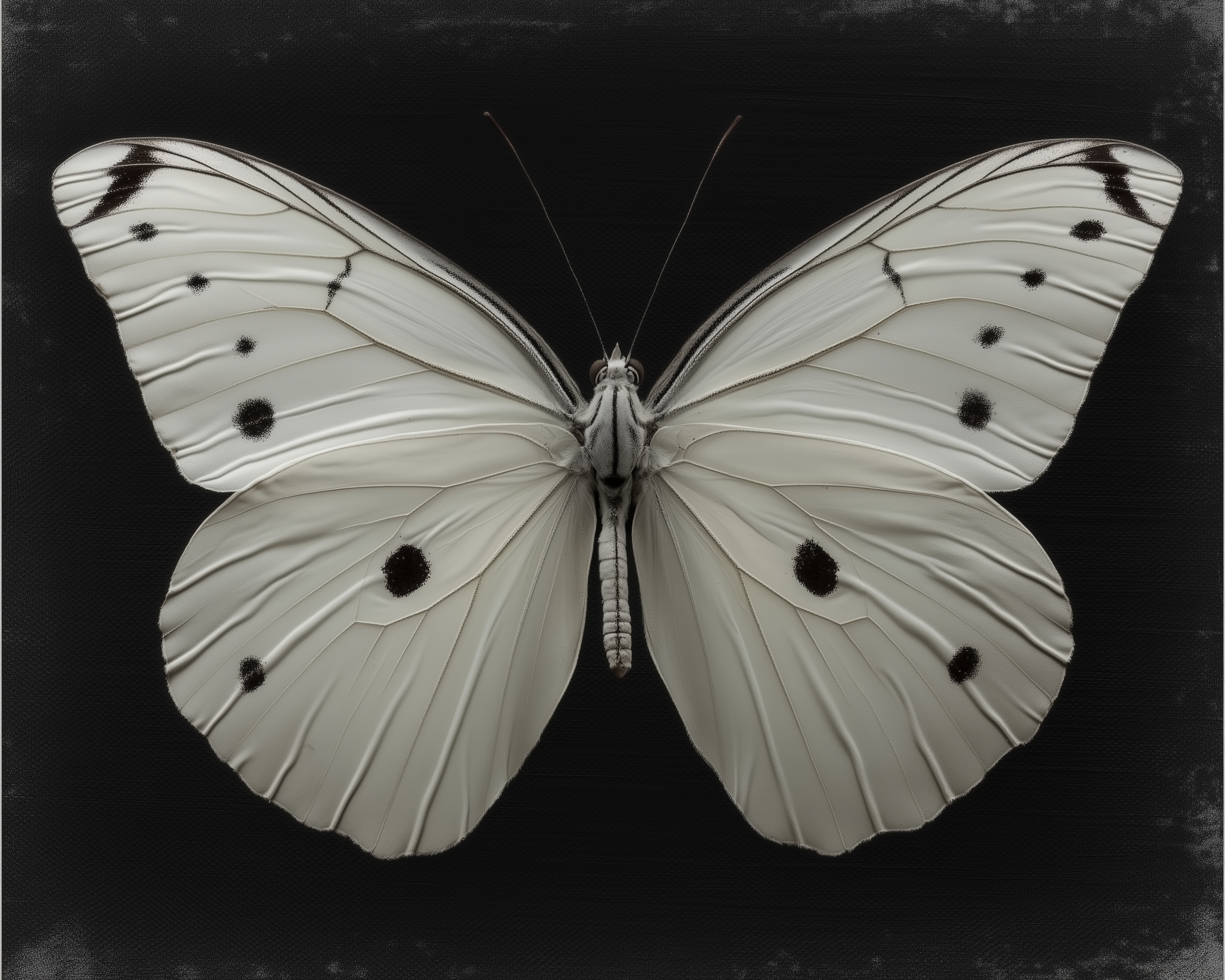 A hyper-detailed white butterfly with black spots and fine wing ridges, centered against a textured black background for strong contrast.

