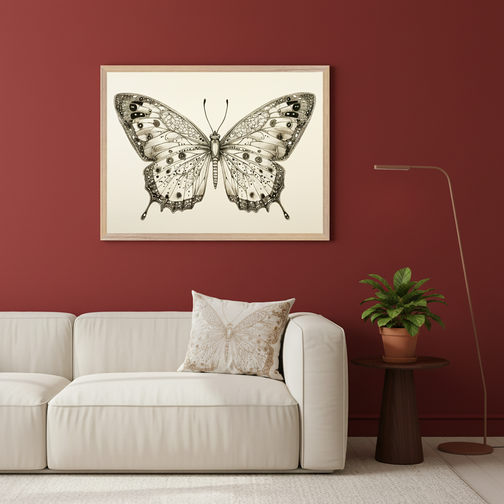 Living room with a white sectional sofa against a red wall. A large light wood framed drawing of a detailed butterfly hangs above the sofa. A dark wood side table with a potted plant and a floor lamp are to the right.