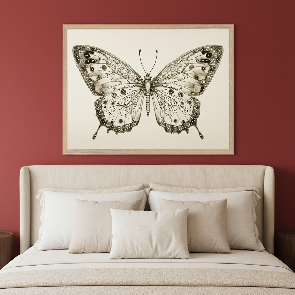 Modern bedroom with a beige upholstered bed. A large framed monochrome illustration of a detailed butterfly hangs centered above the bed on a red wall.