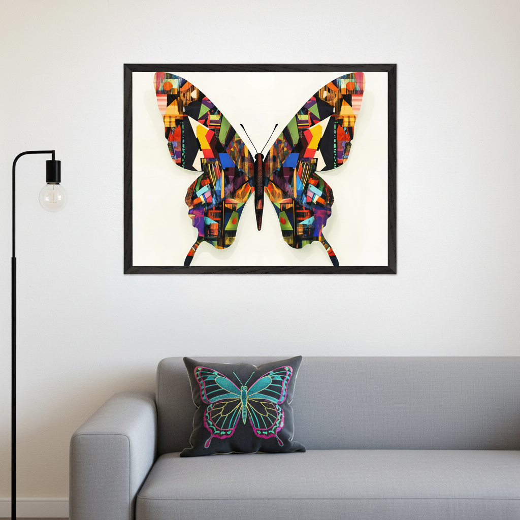 Modern living room with a light gray sofa and a black floor lamp. A large framed wall art of a butterfly, made from colorful abstract geometric patterns, hangs above the sofa. A dark gray pillow with a teal and pink butterfly is on the sofa.