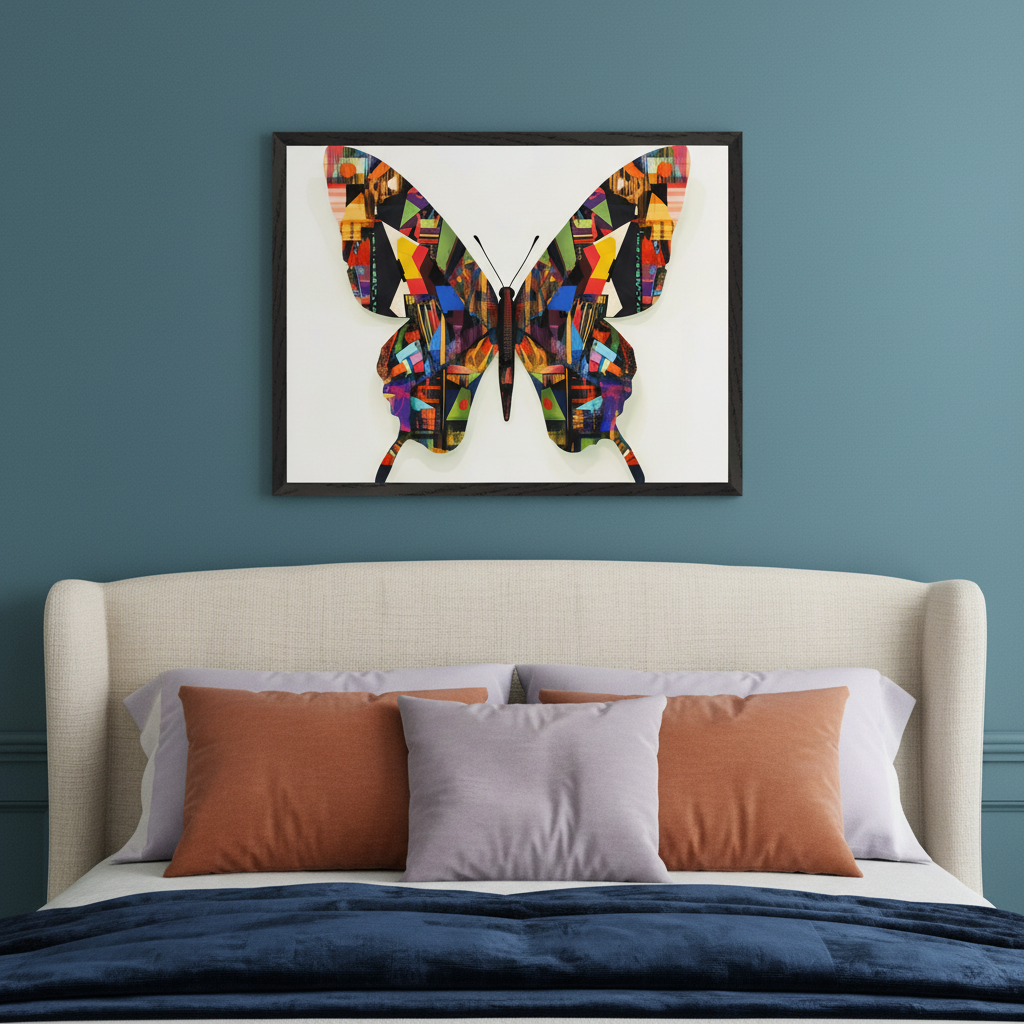 Bedroom with an upholstered beige headboard. A large framed artwork of a vibrant, abstract butterfly composed of geometric shapes hangs centered above the bed on a teal wall.