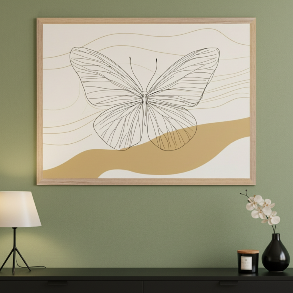 Modern living room with a sage green wall. A large, light wood-framed poster featuring a minimalist black line art butterfly on a cream background with abstract tan wavy shapes hangs above a black dresser. A lamp and a vase with orchids sit on the dresser.