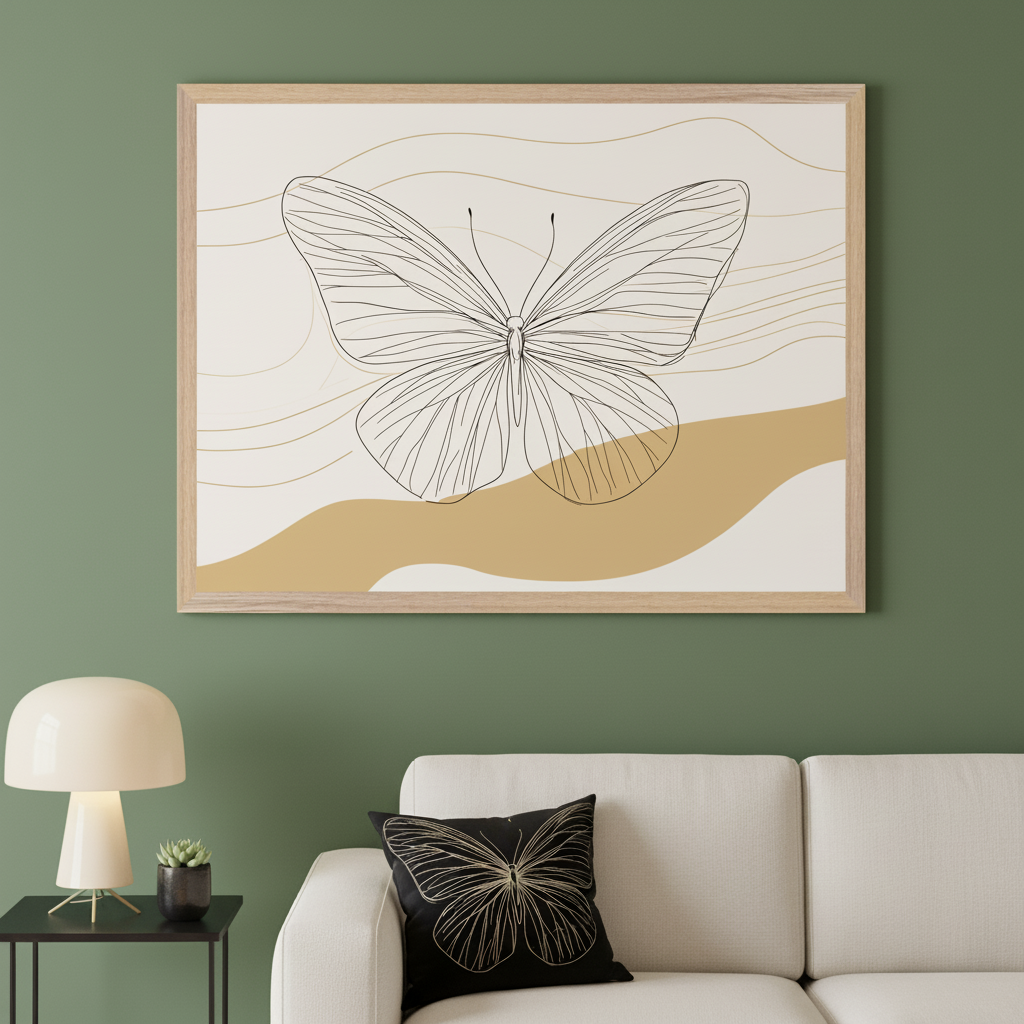 Modern living room with a white sofa and a black side table. A large light wood framed abstract line art of a butterfly with wavy lines and tan shapes hangs above the sofa. A black cushion with a golden butterfly is on the sofa, and a cream lamp and plant are on the table. Green wall.