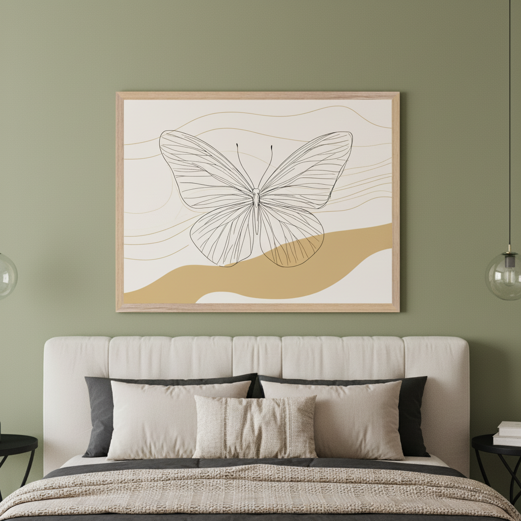 Modern bedroom with sage green walls and an upholstered bed with a cream headboard. A large framed line art print of a butterfly with abstract wavy lines and an ochre shape on a cream background hangs centered above the bed.