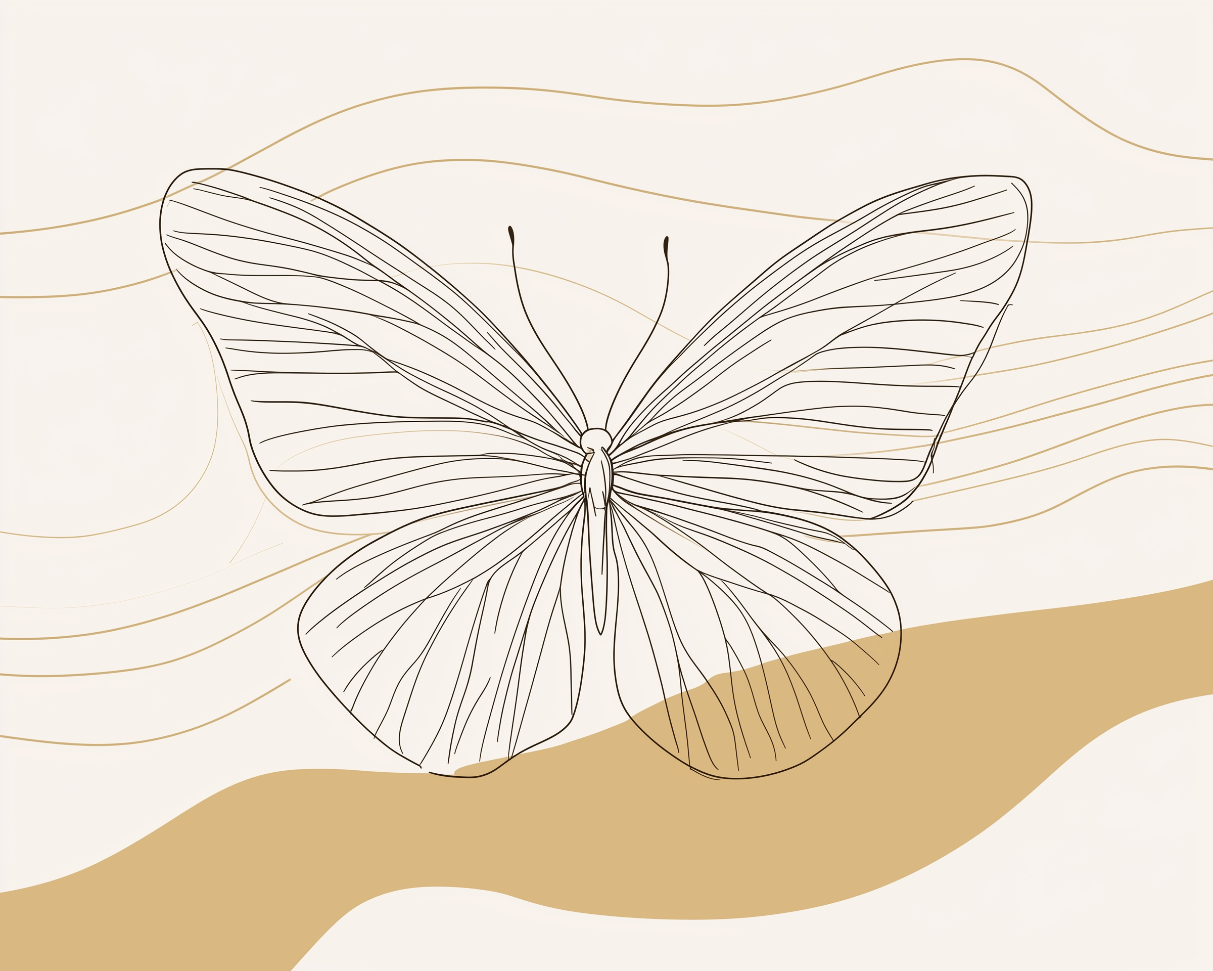 A minimalistic butterfly illustration created with one continuous, fine black line, set against a clean cream and tan background with flowing wave elements.
