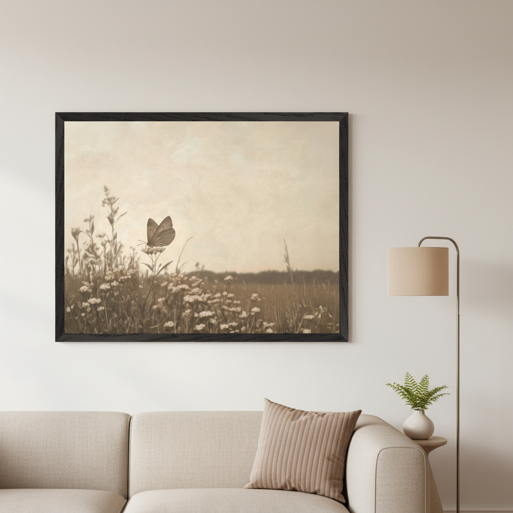 Modern living room with a light beige sofa. A large black-framed print of a sepia-toned field with wildflowers and a butterfly on a flower hangs centered above the sofa. A floor lamp and a small plant on a side table are to the right.