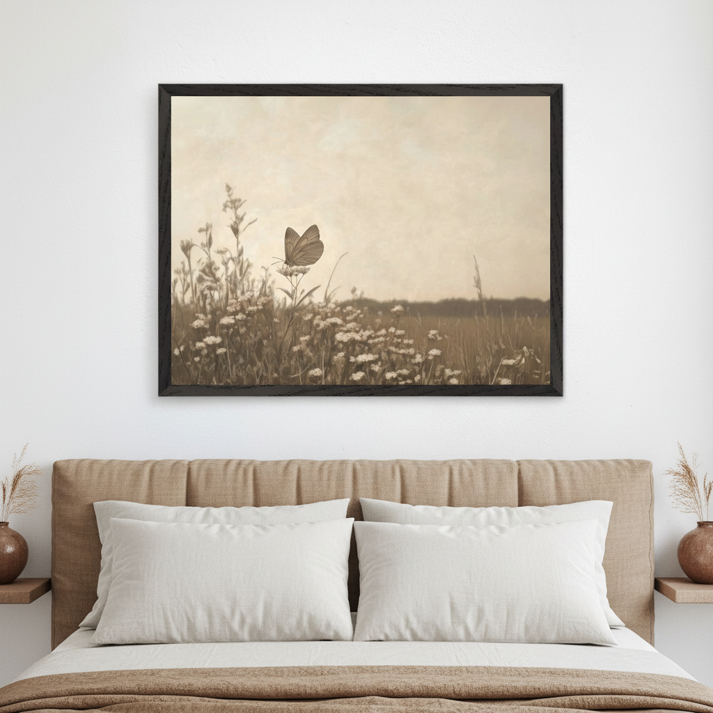 Modern bedroom with a tan upholstered bed. A large framed sepia-toned print of a butterfly on a white flower in a field hangs centered above the bed.