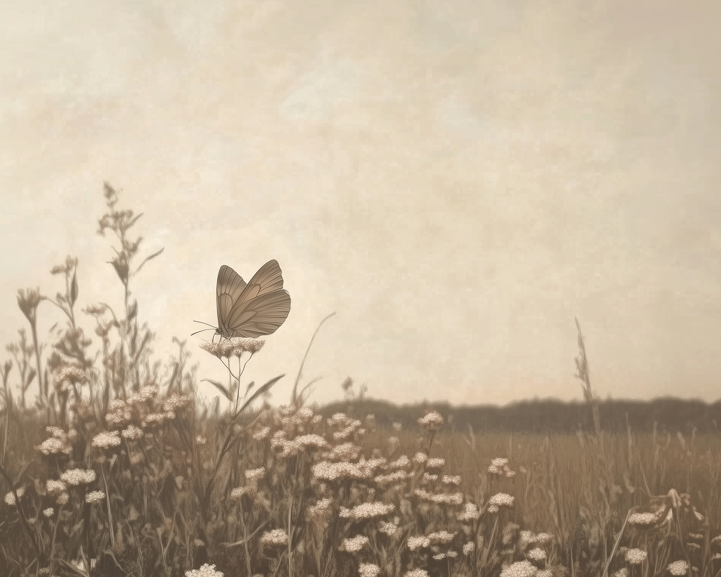 A softly toned scene of a delicate butterfly perched on a wildflower in a hazy, sepia meadow filled with blooming flora under a pale sky.
