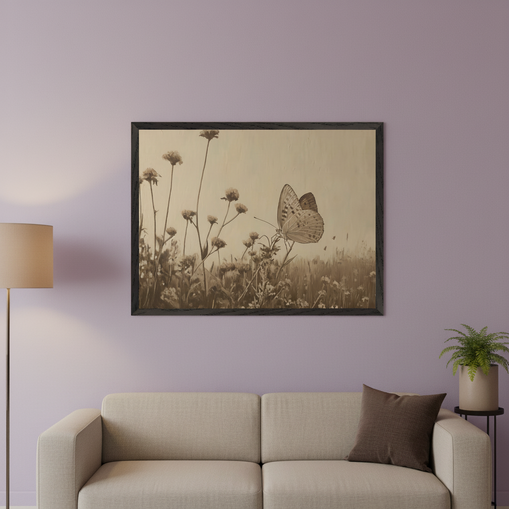 Modern living room with a light beige sofa. A large framed sepia-toned painting of a butterfly on flowers in a field hangs centered above the sofa. A floor lamp stands left, and a potted plant sits right.