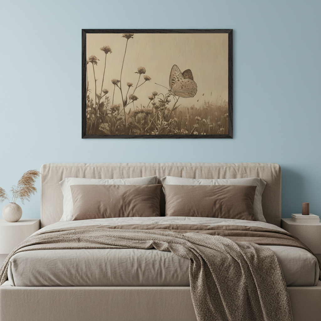 Modern bedroom with a beige upholstered bed. A large framed sepia-toned image of a butterfly on flowers hangs centered above the bed.