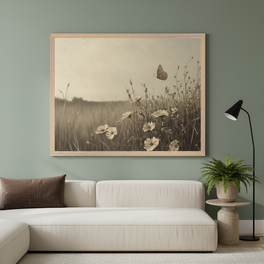Living room with a large cream sectional sofa. A sepia-toned framed print depicting a field of flowers and a butterfly hangs above the sofa. A dark brown pillow, side table with plant, and black floor lamp are also visible.