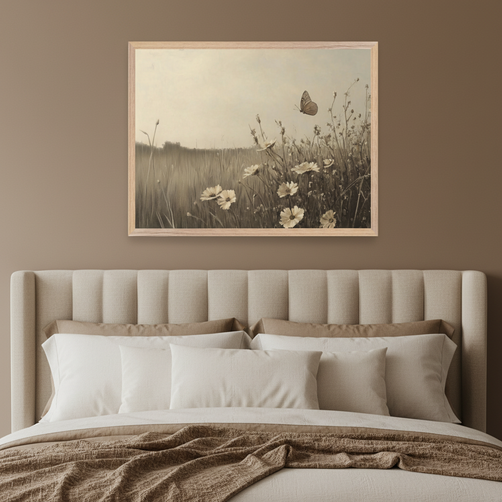 Bedroom with a light beige upholstered bed and headboard. A framed sepia-toned print of wildflowers in a field with a butterfly hangs centered above the bed.