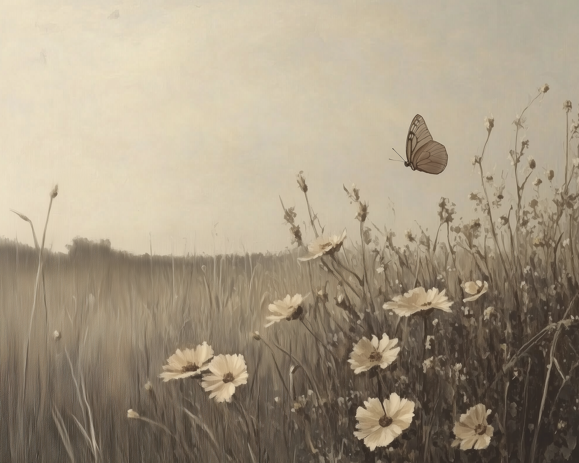 A sepia-toned painting of a butterfly hovering above blooming daisies in a field of tall grass, with a hazy sky in the background.
