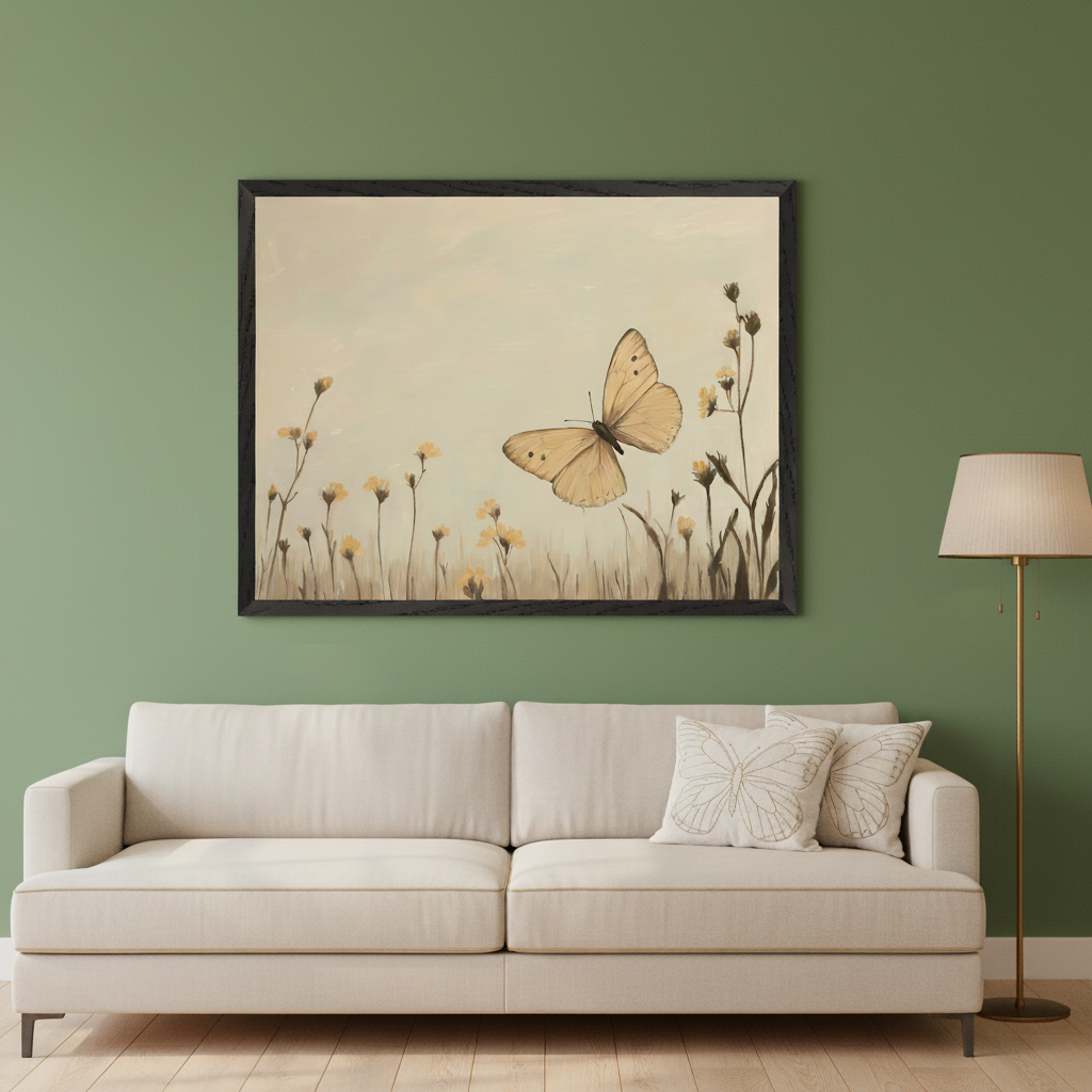 Living room with a beige sofa against a green wall. A large black-framed painting of a beige butterfly flying above yellow wildflowers in a field is centered above the sofa. A brass floor lamp stands to the right.