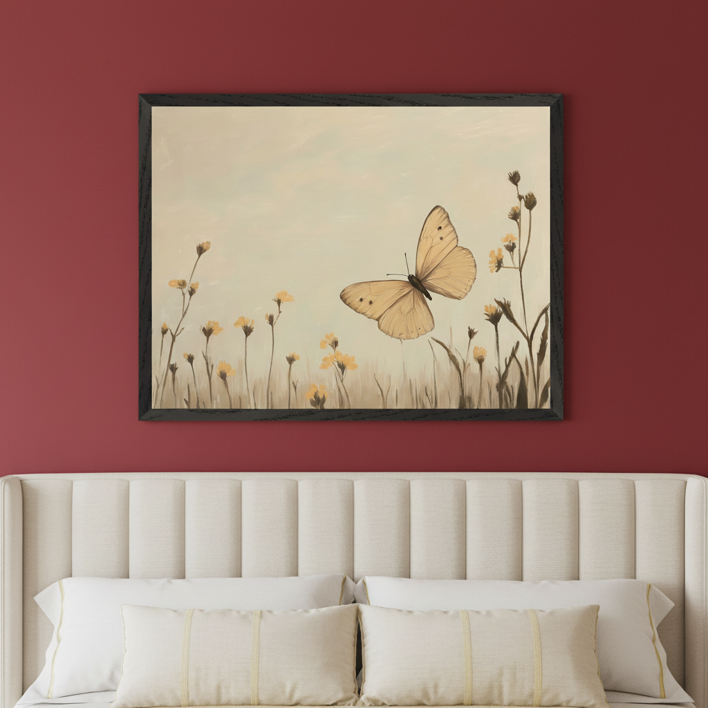 Modern bedroom with a cream upholstered headboard and pillows on a bed. A framed painting of a beige butterfly over yellow wildflowers in a field against a light sky hangs centered above the bed.